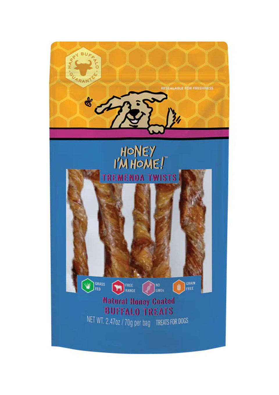 Honey I'm Home Dog Natural Honey Coated Buffalo Dog Treats Tremenda Twists 2.47 oz