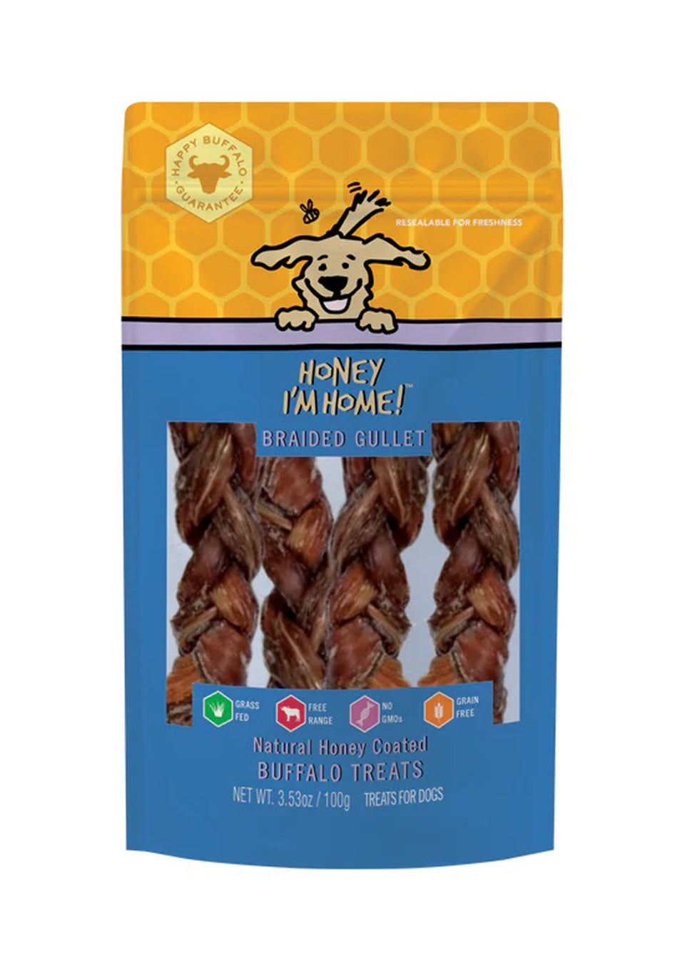 Honey I'm Home Dog Natural Honey Coated Buffalo Dog Treats Braided Gullet, 3.53 oz
