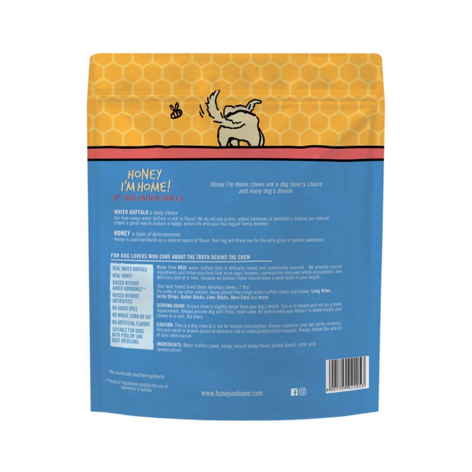 Honey I'm Home Dog Buffalo Collagen Rolls, 6 in 3-Count