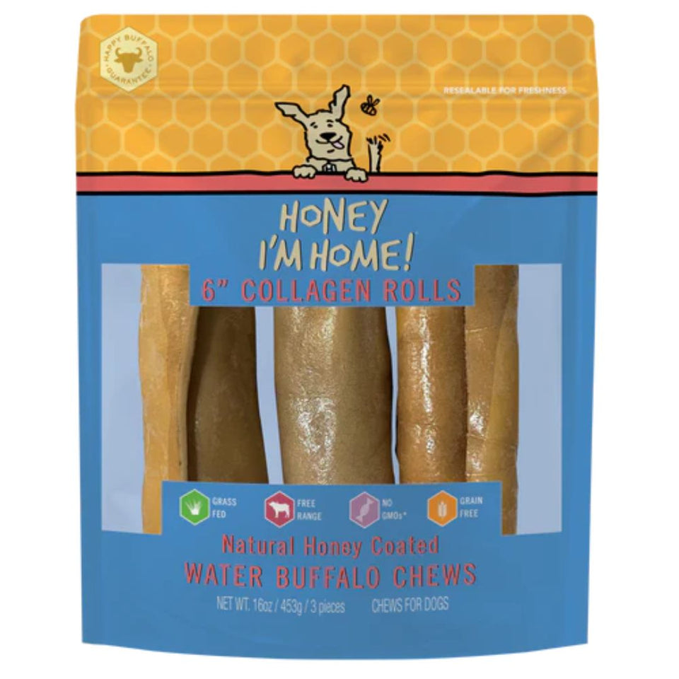 Honey I'm Home Dog Buffalo Collagen Rolls, 6 in 3-Count