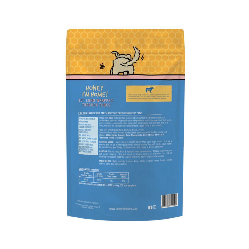 Honey I'm Home Buffalo Trachea with Lung - 10 in Natural Dog Chew, 3-Count