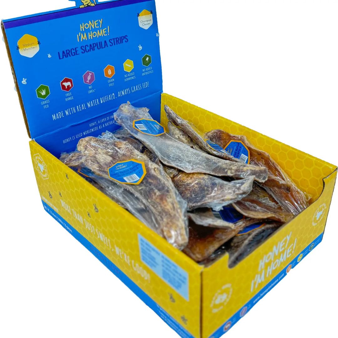 Honey I'm Home Water Buffalo Scapula Strips – Grain - Free Honey Chew | Case of 35 - Pets Perfect