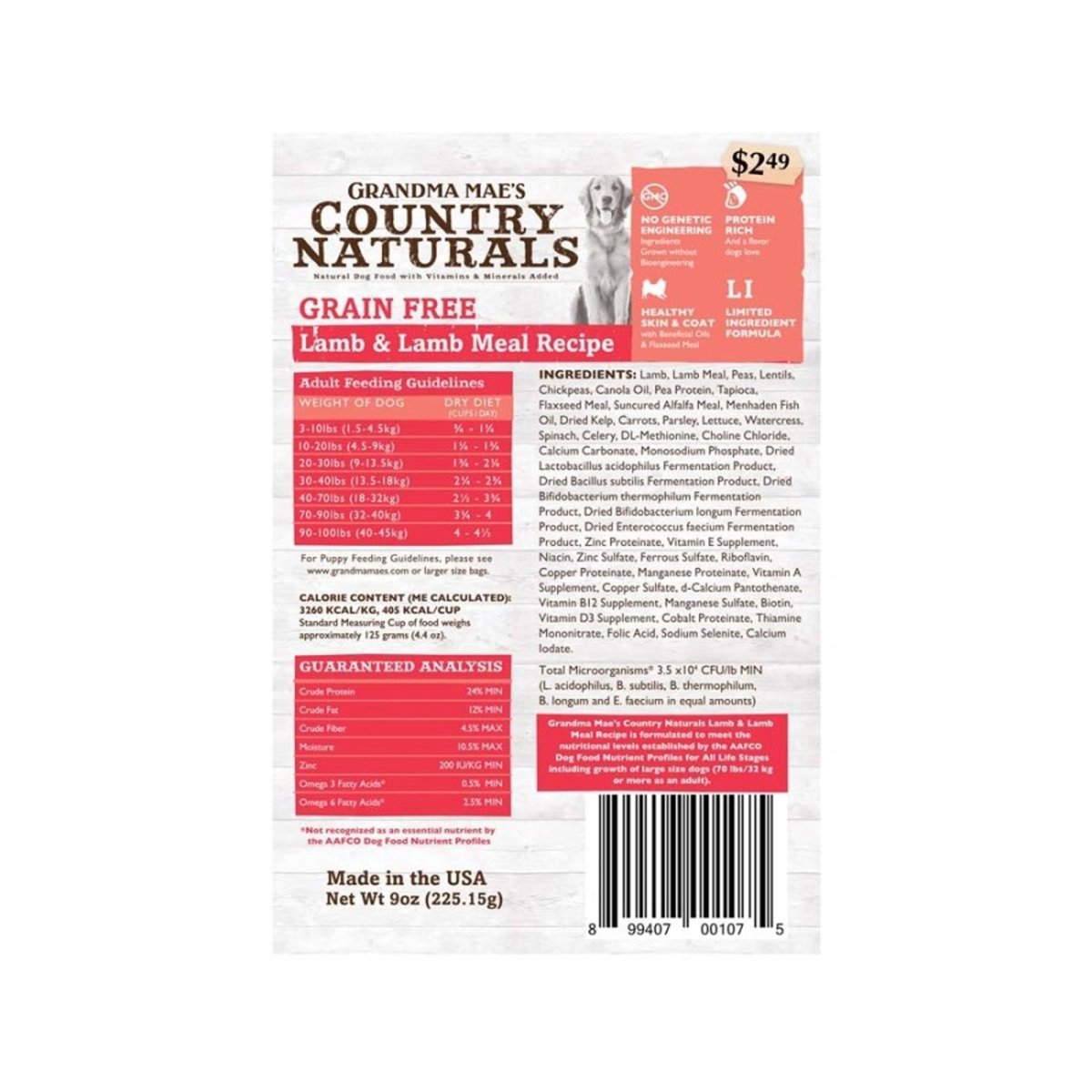 Grandma Mae's Country Naturals Grain Free Dry Dog Food Lamb & Lamb Meal 18ea/9 oz - Pets Perfect