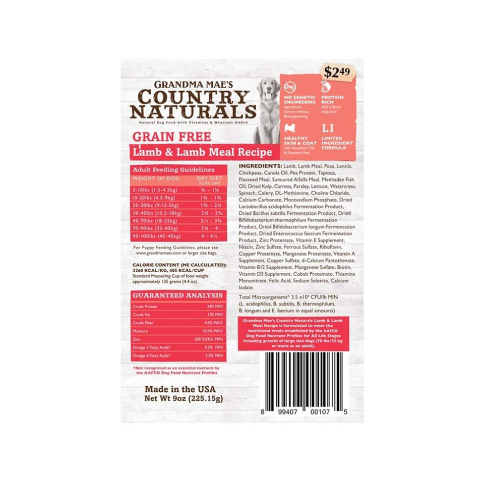 Grandma Mae's Country Naturals Grain-Free Dry Dog Food Lamb & Lamb Meal, 9 oz each, Case of 18