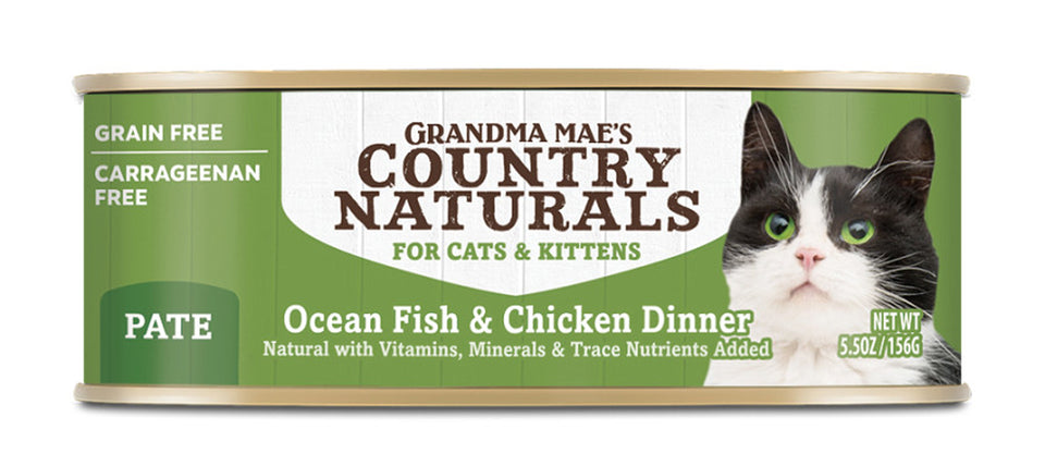Grandma Mae's Country Naturals Grain-Free Wet Cat Food Ocean Fish & Chicken, 5.5 oz each, Case of 24