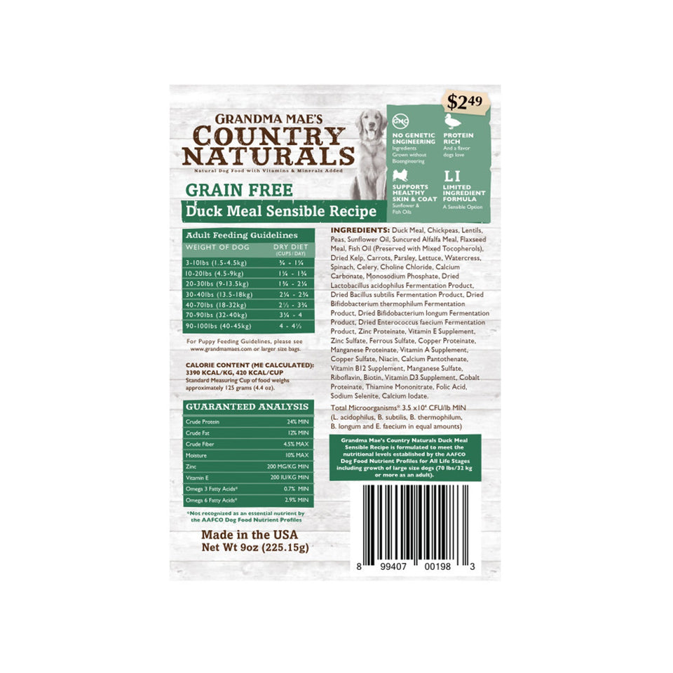 Grandma Mae's Country Naturals Grain-Free Dry Dog Food Duck Meal Sensible, 9 oz each, Case of 18