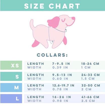 Collar size chart with a pink dog illustration on a white background