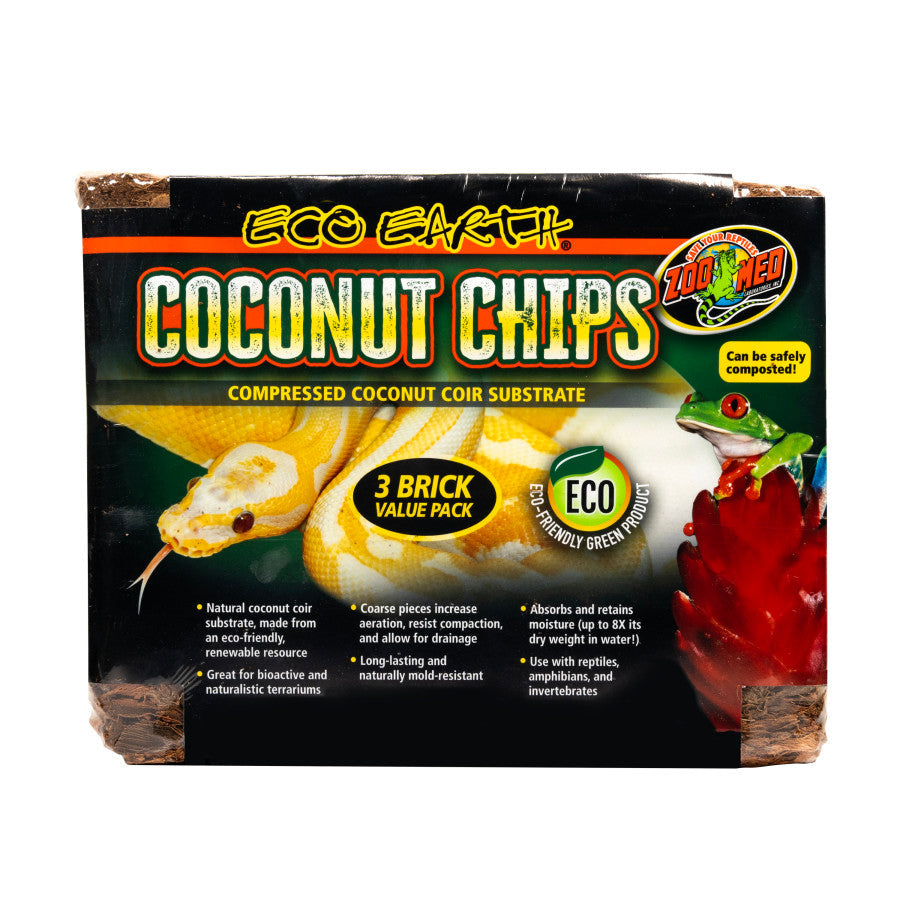 Zoo Med Eco Earth Coconut Chips Substrate 3 Bricks - Natural Coconut Coir for Reptile Terrariums