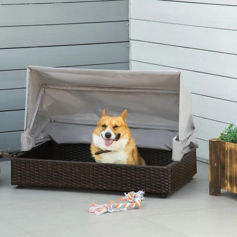 Espresso Wicker Foldable Canopy Raised Dog Bed House with 2 in Thick Cushion - Pets Perfect