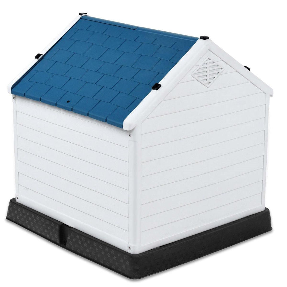 Medium size Dog House Outdoor White Blue Plastic with Elevated Floor, view 3