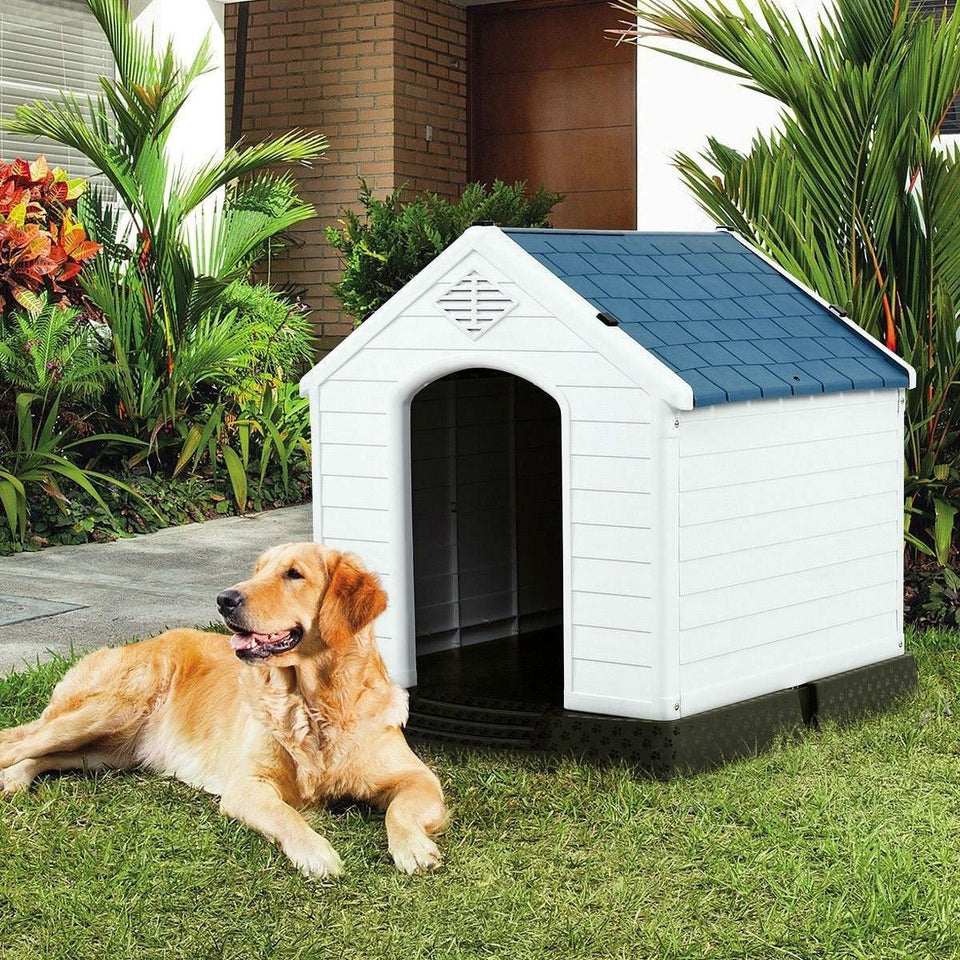 Medium size Dog House Outdoor White Blue Plastic with Elevated Floor, view 3