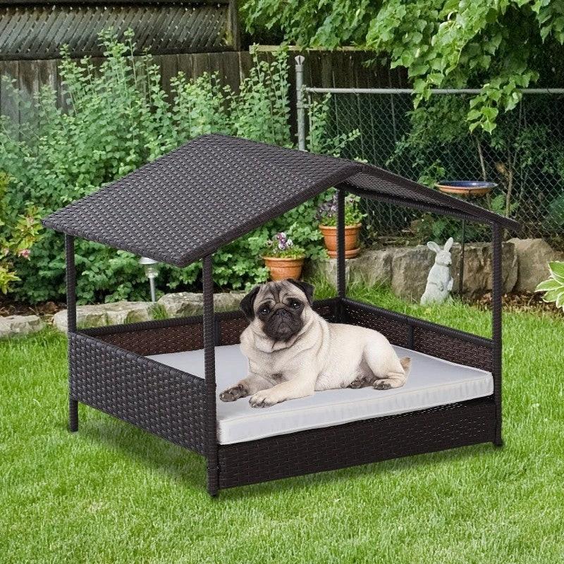 Espresso Wicker Weather Resistant Raised Dog Bed House with 2 in Thick
