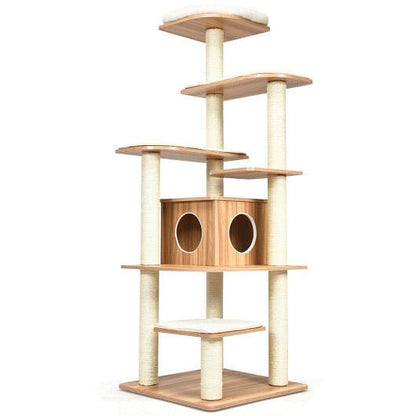 7 - Layer Wooden Cat Tree - Tall Multi - Level Tower with Sisal Posts & Hideaway Condo - Pets Perfect