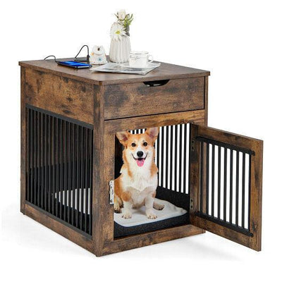 2-in-1 Dog House with Drawer and Wired Wireless Charging-Rustic Brown, Color:Rustic Brown