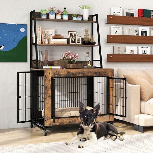 Industrial Dog Kennel Dog Crate Furniture with Storage Shelves-Rustic, view 7