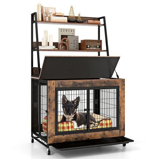 Industrial Dog Kennel Dog Crate Furniture with Storage Shelves-Rustic, view 8