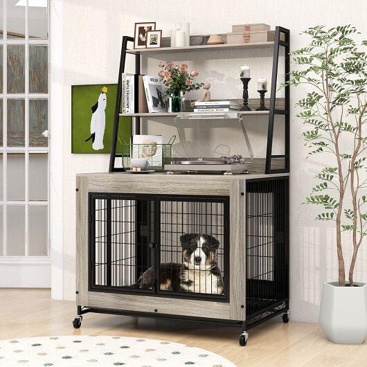 Industrial Dog Kennel Dog Crate Furniture with Storage Shelves-Rustic, view 4