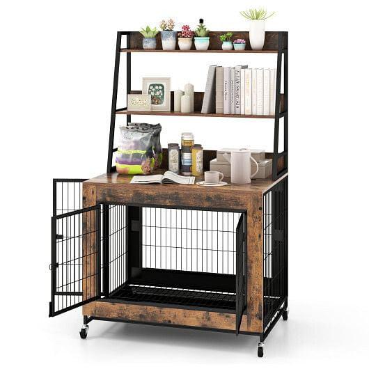 Industrial Dog Kennel Dog Crate Furniture with Storage Shelves-Rustic, view 6