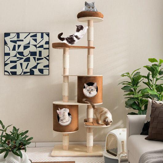 6 - Tier Wooden Cat Tree with 2 Removeable Condos Platforms and Perch - Brown - Pets Perfect