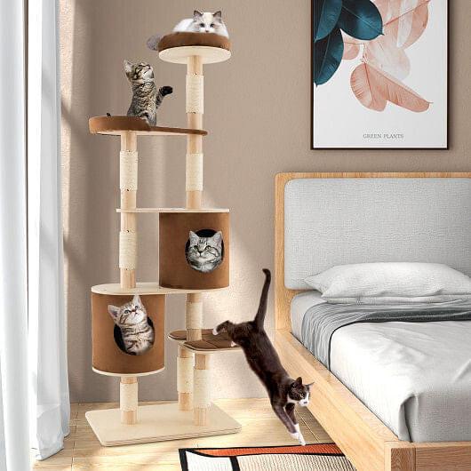 6 - Tier Wooden Cat Tree with 2 Removeable Condos Platforms and Perch - Brown - Pets Perfect