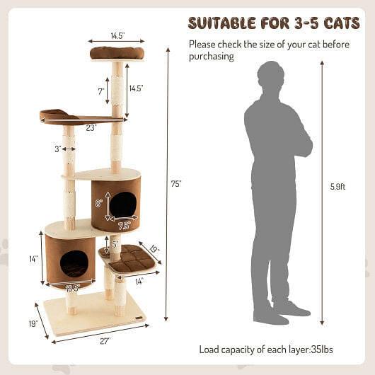 6 - Tier Wooden Cat Tree with 2 Removeable Condos Platforms and Perch - Brown - Pets Perfect