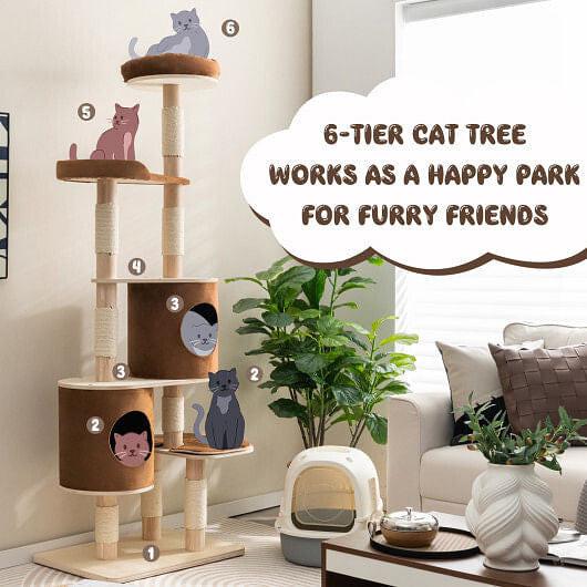 6 - Tier Wooden Cat Tree with 2 Removeable Condos Platforms and Perch - Brown - Pets Perfect