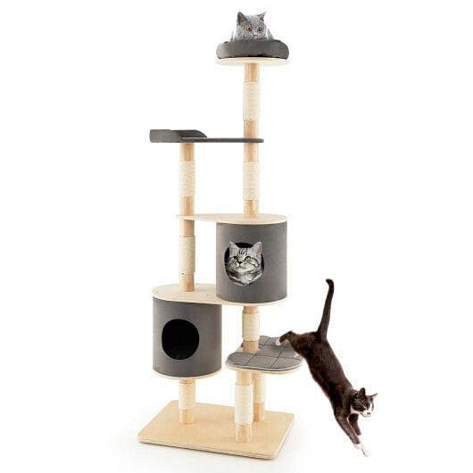 6 - Tier Wooden Cat Tree with 2 Removeable Condos Platforms and Perch - Brown - Pets Perfect