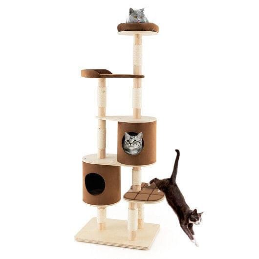6 - Tier Wooden Cat Tree with 2 Removeable Condos Platforms and Perch - Brown - Pets Perfect