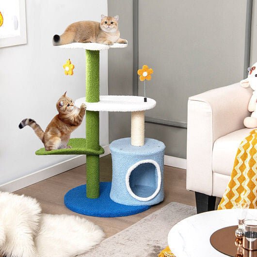 34.5 Inch 4 - Tier Cute Cat Tree with Jingling Balls and Condo - Blue - Pets Perfect