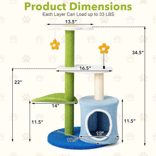 34.5 Inch 4 - Tier Cute Cat Tree with Jingling Balls and Condo - Blue - Pets Perfect