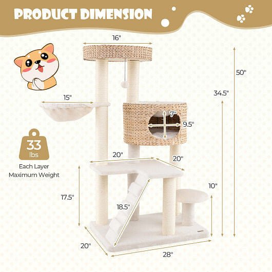 Modern Cat Tree for Indoor Cats with Cattail Fluff Condo and Top Perch - Natural - Pets Perfect