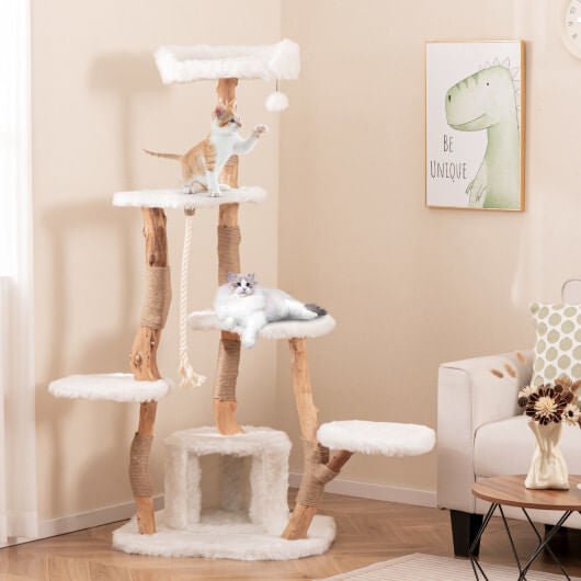 66 Inch Tall Solid Wood Cat Tree Modern Wooden Cat Tower with Perch - White - Pets Perfect