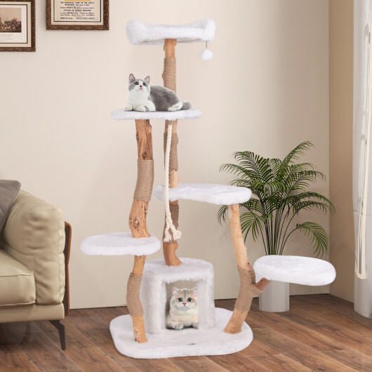 66 Inch Tall Solid Wood Cat Tree Modern Wooden Cat Tower with Perch - White - Pets Perfect