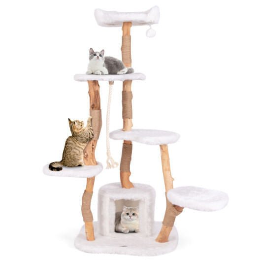 66 Inch Tall Solid Wood Cat Tree Modern Wooden Cat Tower with Perch - White - Pets Perfect