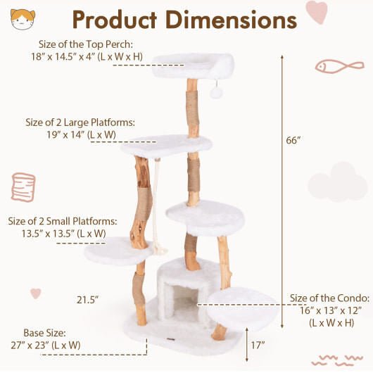 66 Inch Tall Solid Wood Cat Tree Modern Wooden Cat Tower with Perch - White - Pets Perfect