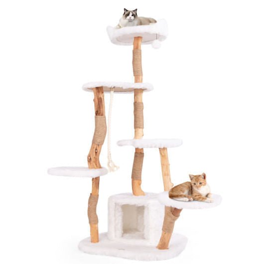 66 Inch Tall Solid Wood Cat Tree Modern Wooden Cat Tower with Perch - White - Pets Perfect
