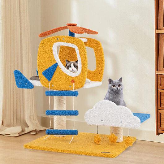 Indoor Small Aviation - themed Cat Tree Cat Tower with Helicopter Top Perch - Yellow - Pets Perfect