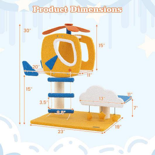 Indoor Small Aviation - themed Cat Tree Cat Tower with Helicopter Top Perch - Yellow - Pets Perfect