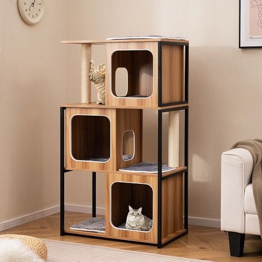 Modern Cat Tree Cat House with Metal Frame and Scratching Posts - Natural - Pets Perfect