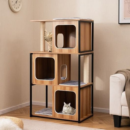 Modern Cat Tree Cat House with Metal Frame and Scratching Posts - Natural - Pets Perfect