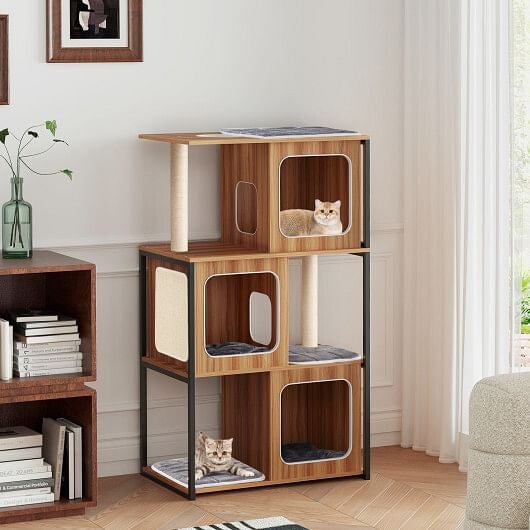Modern Cat Tree Cat House with Metal Frame and Scratching Posts - Natural - Pets Perfect