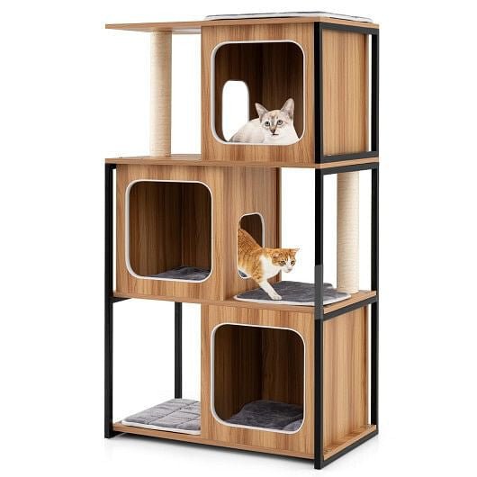 Modern Cat Tree Cat House with Metal Frame and Scratching Posts - Natural - Pets Perfect