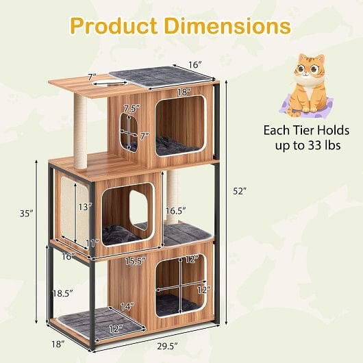 Modern Cat Tree Cat House with Metal Frame and Scratching Posts - Natural - Pets Perfect