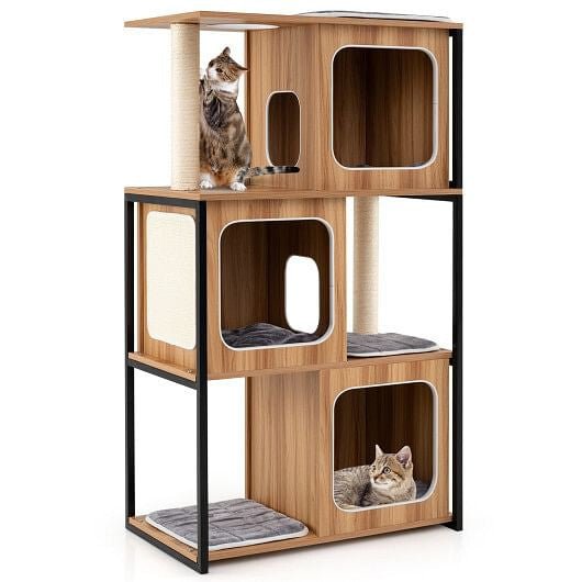 Modern Cat Tree Cat House with Metal Frame and Scratching Posts - Natural - Pets Perfect