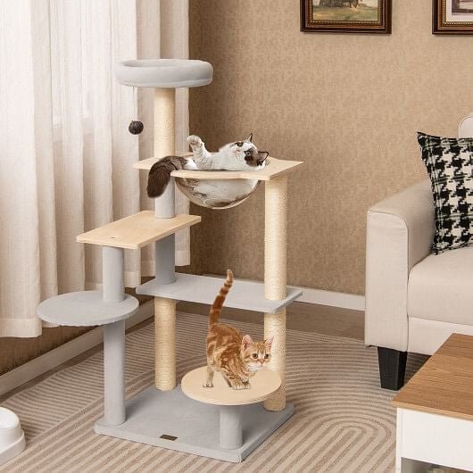 Modern Cat Tree 44 Inch Multi - level Cat Tower with Removable Padded Top Perch - Natural - Pets Perfect