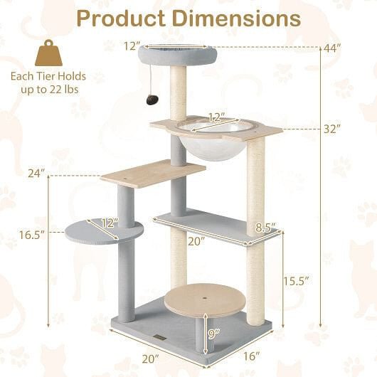 Modern Cat Tree 44 Inch Multi - level Cat Tower with Removable Padded Top Perch - Natural - Pets Perfect