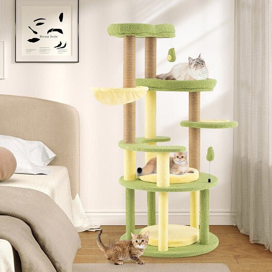 Multi - level Cat Tree Avocado Theme Cat Tower with Wide Perch Rotatable Basket - Green - Pets Perfect