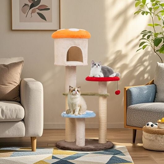 Cute Mushroom Cat Tree with Sisal Scratching Posts Top Condo and Padded Platforms - Multicolor - Pets Perfect