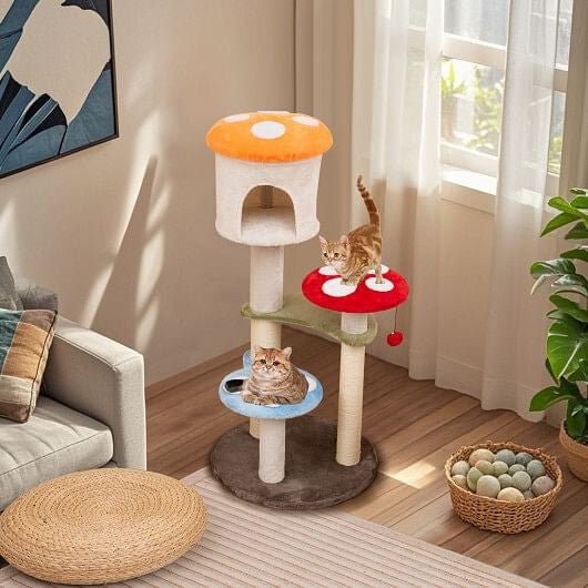 Cute Mushroom Cat Tree with Sisal Scratching Posts Top Condo and Padded Platforms - Multicolor - Pets Perfect