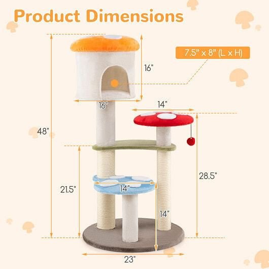 Cute Mushroom Cat Tree with Sisal Scratching Posts Top Condo and Padded Platforms - Multicolor - Pets Perfect